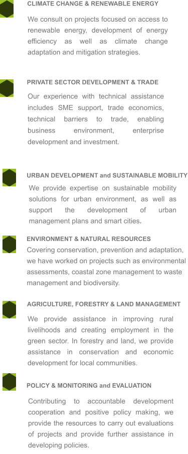 PRIVATE SECTOR DEVELOPMENT & TRADE CLIMATE CHANGE & RENEWABLE ENERGY We consult on projects focused on access to renewable energy, development of energy efficiency as well as climate change adaptation and mitigation strategies. Our experience with technical assistance includes SME support, trade economics, technical barriers to trade, enabling business environment, enterprise development and investment.  URBAN DEVELOPMENT and SUSTAINABLE MOBILITY POLICY & MONITORING and EVALUATION AGRICULTURE, FORESTRY & LAND MANAGEMENT ENVIRONMENT & NATURAL RESOURCES We provide expertise on sustainable mobility solutions for urban environment, as well as support the development of urban management plans and smart cities. Covering conservation, prevention and adaptation,  we have worked on projects such as environmental assessments, coastal zone management to waste management and biodiversity. We provide assistance in improving rural livelihoods and creating employment in the green sector. In forestry and land, we provide assistance in conservation and economic development for local communities. Contributing to accountable development cooperation and positive policy making, we provide the resources to carry out evaluations of projects and provide further assistance in developing policies.